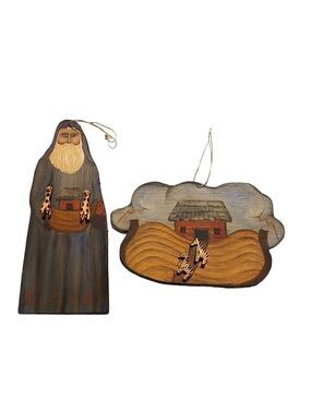 Vintage set 2 wood handpainted Noah's Arc Christmas Ornaments